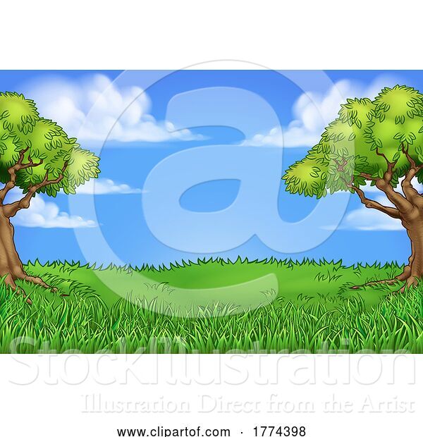 Vector Illustration of Grass Field Park Background with Trees Landscape