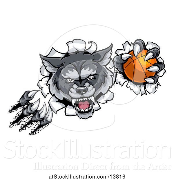 Vector Illustration of Gray Wolf Slashing Through a Wall with a Basketball