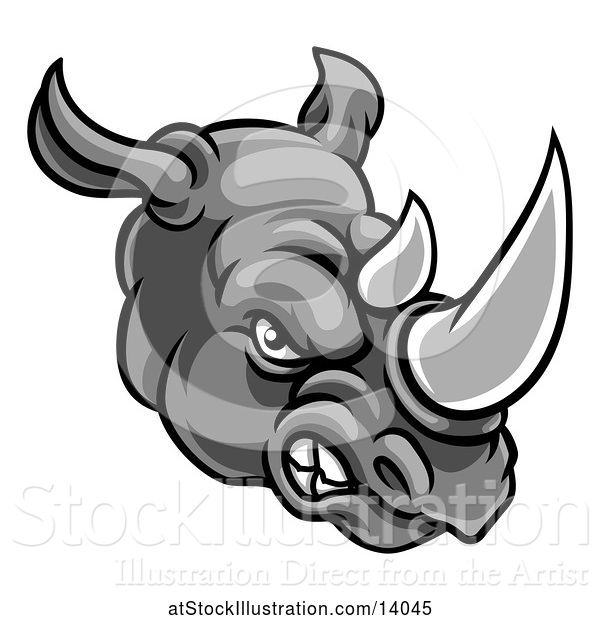 Vector Illustration of Grayscale Tough Rhinoceros Sports Mascot Head