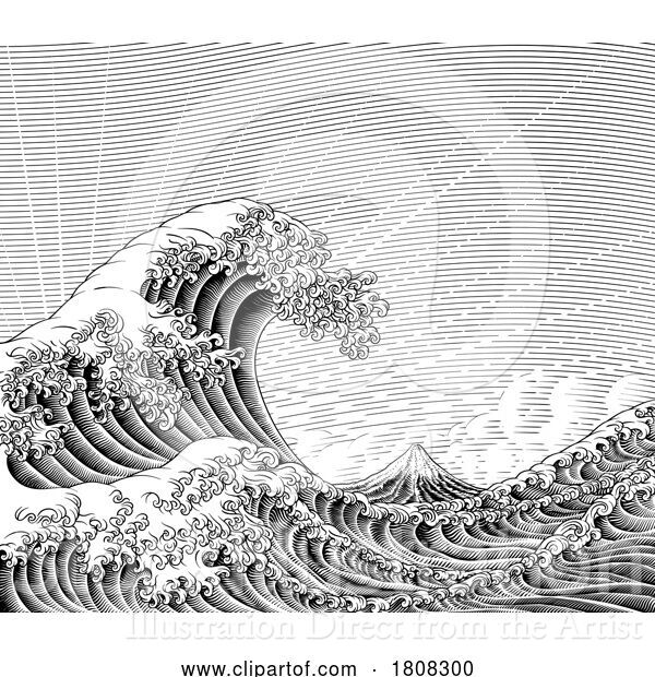 Vector Illustration of Great Wave Vintage Japanese Engraved Woodcut Style