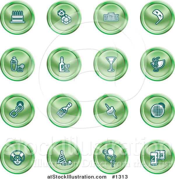 Vector Illustration of Greem Icons: Gifts, Radio, Mask, Alcohol, Kebobs, Disco Ball, Clown, Party Hats, Balloons and Beer