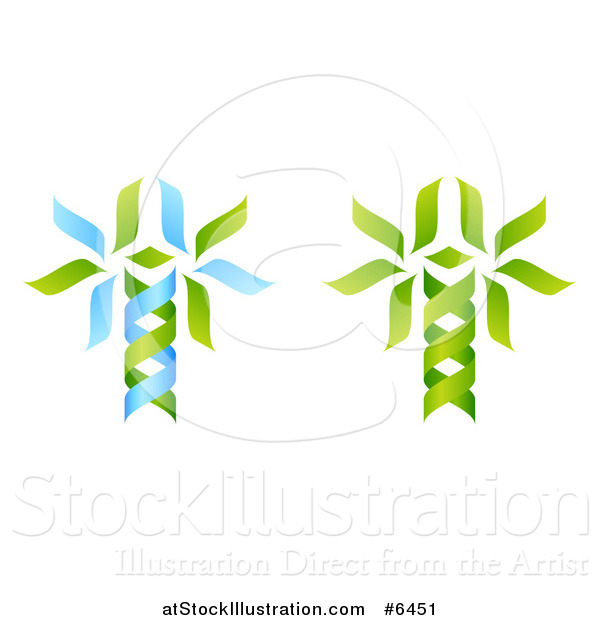 Vector Illustration of Green and Blue DNA Double Helix Trees Shaped like Caduceuses