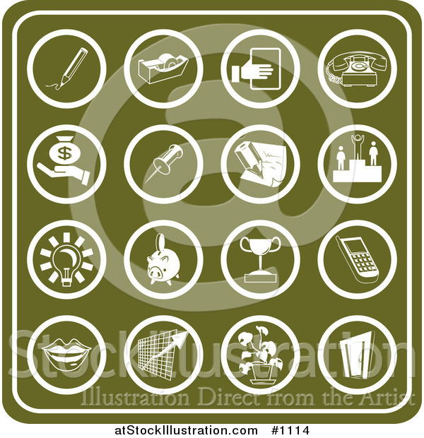 Vector Illustration of Green Business Icons Including a Pencil, Tape Dispenser, Telephone, Money, Winner, Light Bulb, Piggy Bank, Trophy, Cell Phone, Lips, Chart, Plant and Door
