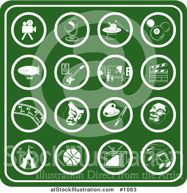 Vector Illustration of Green Hobby Icons Including a Video Camera, Microphone, Magic Hat, Billiards Ball, Blimp, Guitar, Museum, Clapboard, Film Strip, Theater Mask, Paint Palette, Carnival Tent, Basketball, Tv and Music Notes