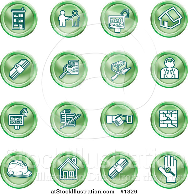Vector Illustration of Green Icons: Apartments, Handshake, Real Estate, House, Money, Classifieds, Brick Laying, Businessman, Hardhat and a Key