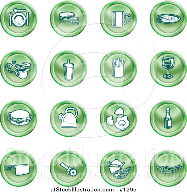 Vector Illustration of Green Icons: Food and Kitchen Items on a White Background
