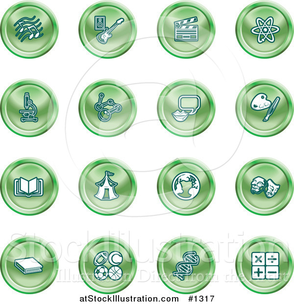 Vector Illustration of Green Icons: Music Notes, Guitar, Clapperboard, Atom, Microscope, Atoms, Messenger, Painting, Book, Circus Tent, Globe, Masks, Sports Balls, and Math