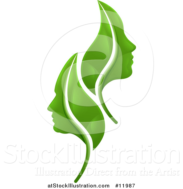 Vector Illustration of Green Leaves and Profiled Faces