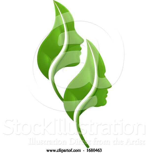 Vector Illustration of Green Leaves and Profiled Faces