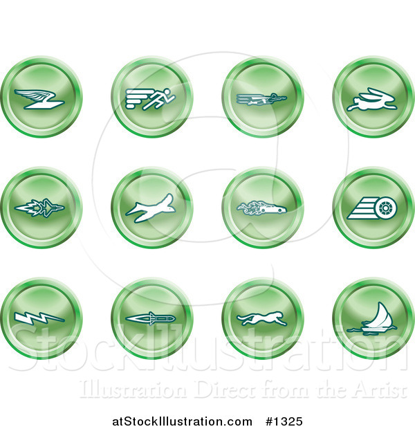 Vector Illustration of Green Speed Icons: Email, Runner, Super Hero, Rabbit, Jet, Bird, Race Car, Tire, Lightning Bolt, Rocket, Cheetah and Sailboat