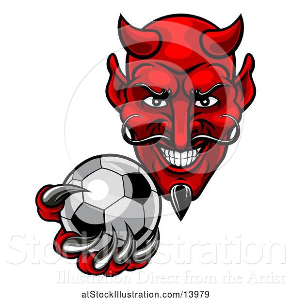 Vector Illustration of Grinning Evil Red Devil Holding out a Soccer Ball in a Clawed Hand