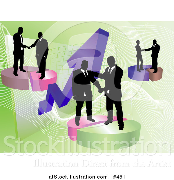 Vector Illustration of Groups of Businessmen Shaking Hands on Deals on Pie Charts, Increasing Revenue for the Company