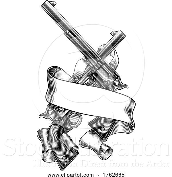 Vector Illustration of Gun Pistol Western Revolver Vintages Scroll Banner