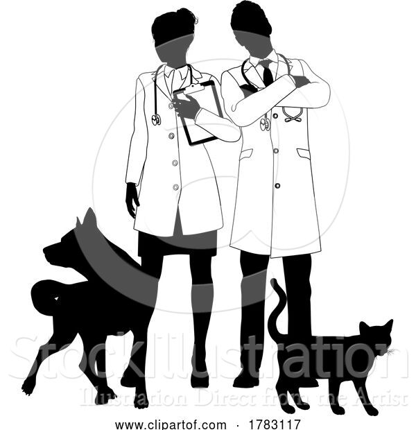 Vector Illustration of Guy and Lady Vets Dog and Cat Pets Silhouette