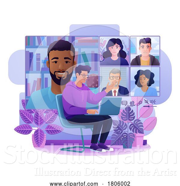 Vector Illustration of Guy Video Conference Call Online Team Meeting