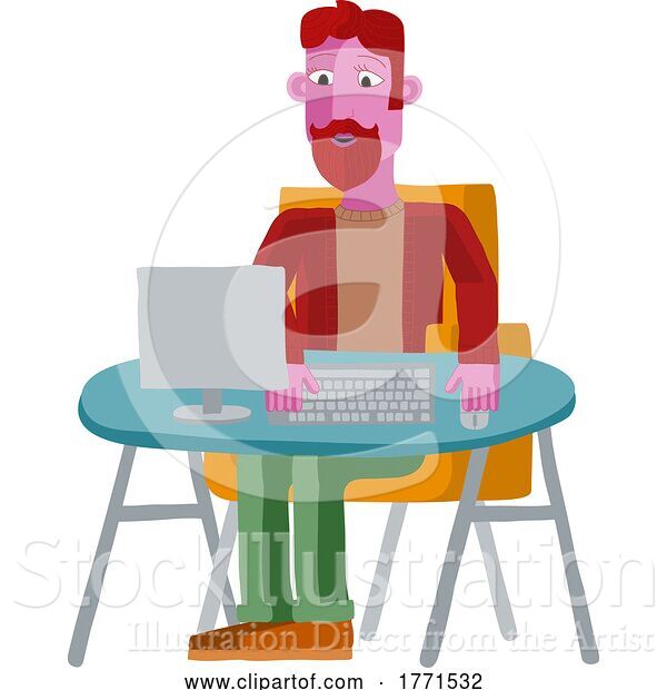 Vector Illustration of Guy Working Behind Desk Computer Workstation