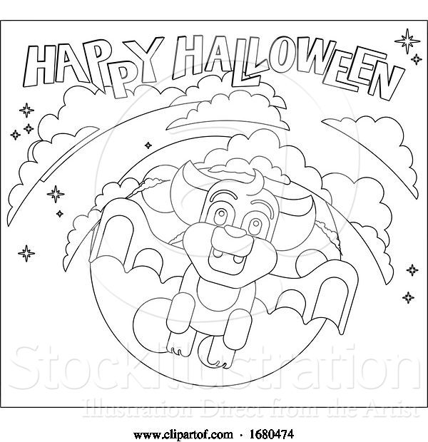 Vector Illustration of Halloween Cute Vampire Bat Flying in Front of Moon