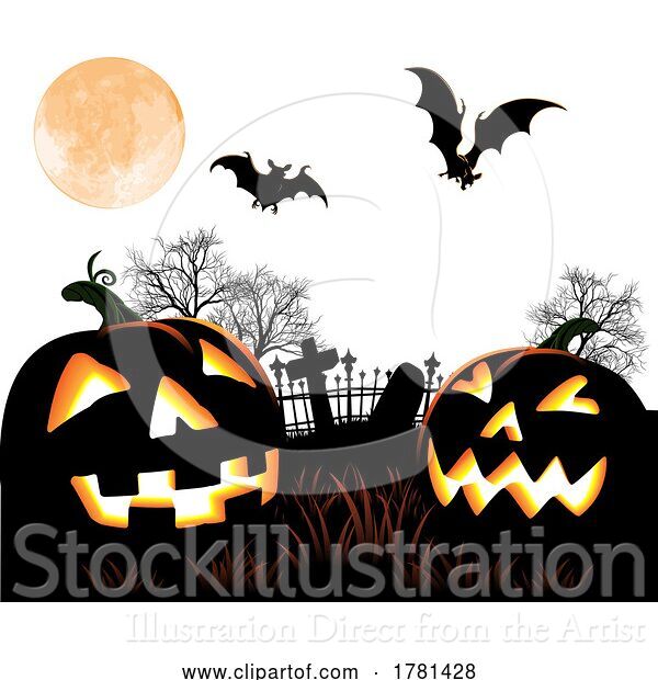 Vector Illustration of Halloween Pumpkin and Bats Graveyard Background