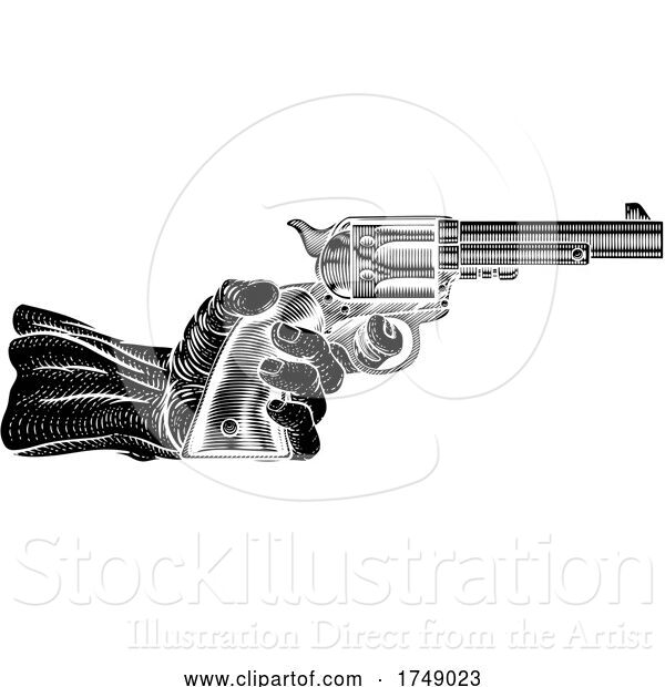 Vector Illustration of Hand and Western Cowboy Gun Pistol Vintage Woodcut
