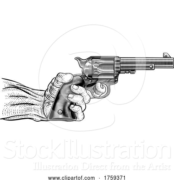 Vector Illustration of Hand and Western Cowboy Gun Pistol Vintage Woodcut