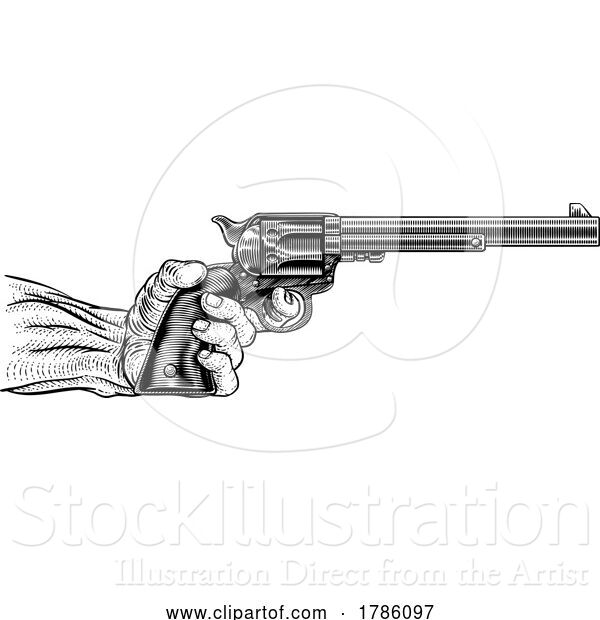 Vector Illustration of Hand and Western Cowboy Gun Pistol Vintage Woodcut