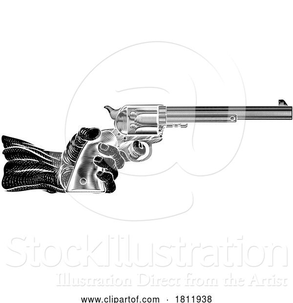 Vector Illustration of Hand and Western Cowboy Gun Pistol Vintage Woodcut