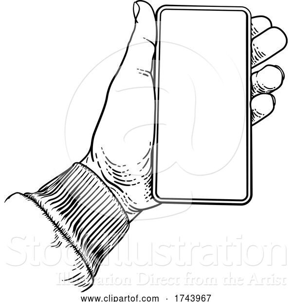 Vector Illustration of Hand Holding Mobile Phone Vintage Style