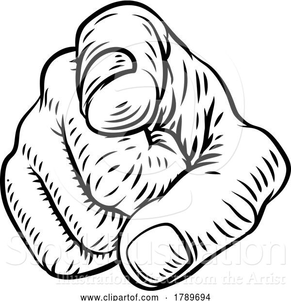 Vector Illustration of Hand Pointing Finger at You Vintage Woodcut Style