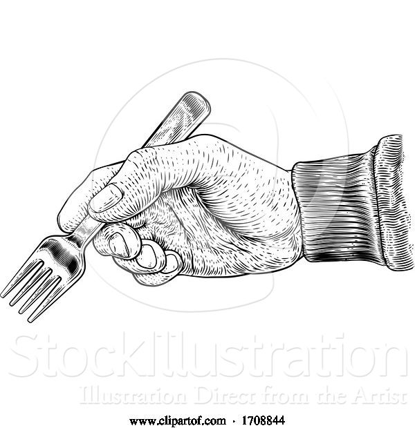 Vector Illustration of Hand with Food Eating Fork Vintage Woodcut Print