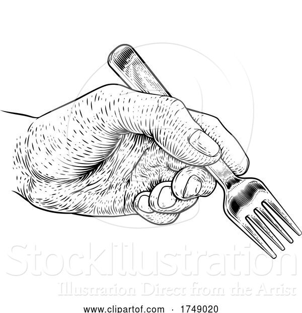 Vector Illustration of Hand with Food Eating Fork Vintage Woodcut Print