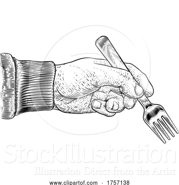 Vector Illustration of Hand with Food Eating Fork Vintage Woodcut Print