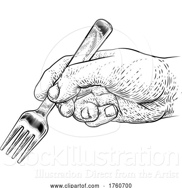 Vector Illustration of Hand with Food Eating Fork Vintage Woodcut Print