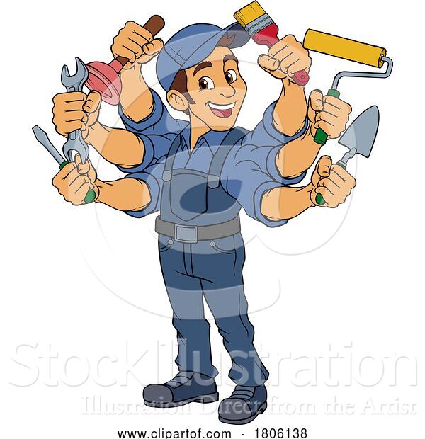 Vector Illustration of Handyman Handy Guy Caretaker Multitasking