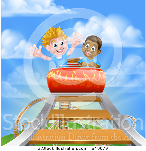 Vector Illustration of Happy Boys on a Roller Coaster Ride, Against a Blue Sky with Clouds