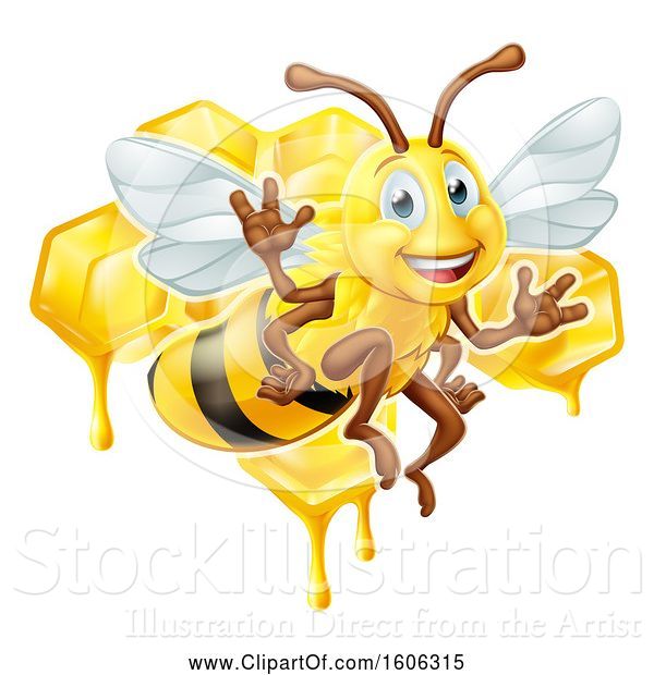 Vector Illustration of Happy Cartoon Bee Flying over Honeycombs
