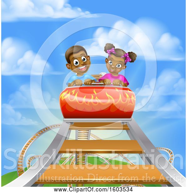 Vector Illustration of Happy Cartoon Black Boy and Girl at the Top of a Roller Coaster Ride, Against a Blue Sky with Clouds