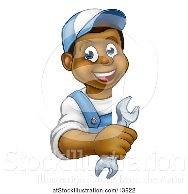 Vector Illustration of Happy Cartoon Black Male Plumber Holding a Spanner Wrench Around a Sign