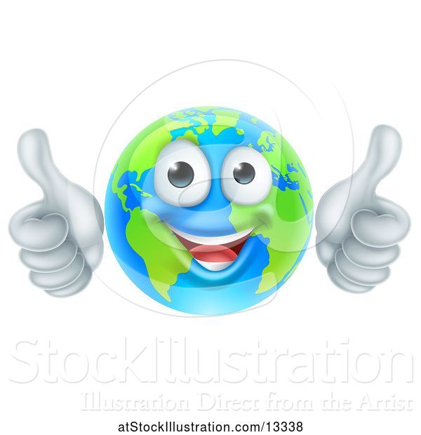 Vector Illustration of Happy Cartoon Earth Mascot Giving Two Thumbs up