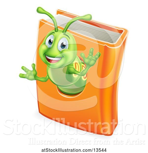 Vector Illustration of Happy Cartoon Green Worm Emerging from a Book