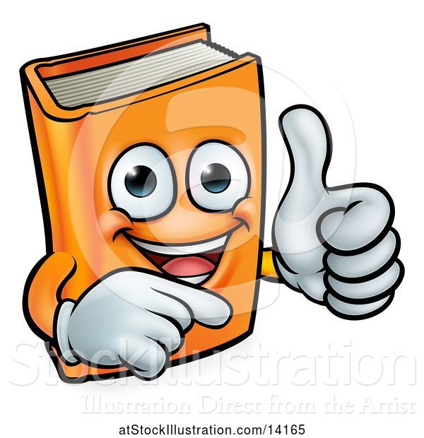 Vector Illustration of Happy Cartoon Orange Book Character Mascot Giving a Thumb up and Pointing