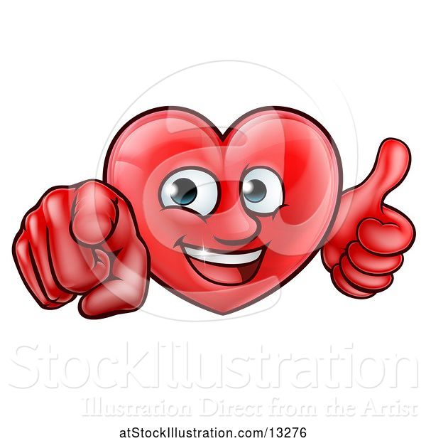 Vector Illustration of Happy Cartoon Red Love Heart Character Pointing at You and Giving a Thumb up