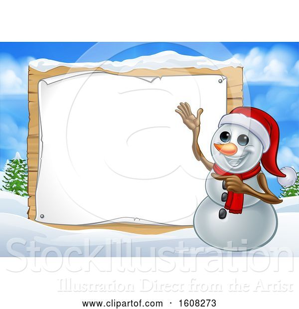 Vector Illustration of Happy Cartoon Snowman Wearing a Christmas Santa Hat by a Blank Sign in a Winter Landscape