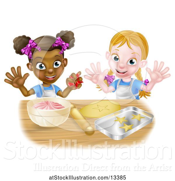 Vector Illustration of Happy Cartoon White and Black Girls Making Pink Frosting and Star Shaped Cookies