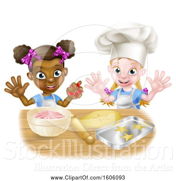 Vector Illustration of Happy Cartoon White and Black Girls Making Pink Frosting and Star Shaped Cookies