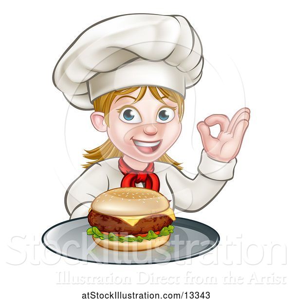 Vector Illustration of Happy Cartoon White Female Chef Gesturing Perfect and Holding a Cheese Burger on a Tray