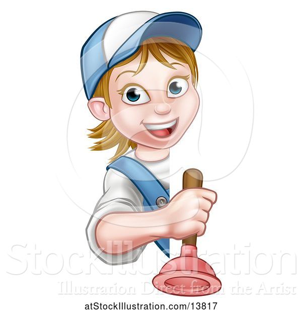 Vector Illustration of Happy Cartoon White Female Plumber Holding a Plunger Around a Sign