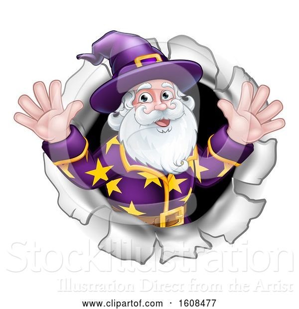Vector Illustration of Happy Cartoon Wizard Emerging from a Hole