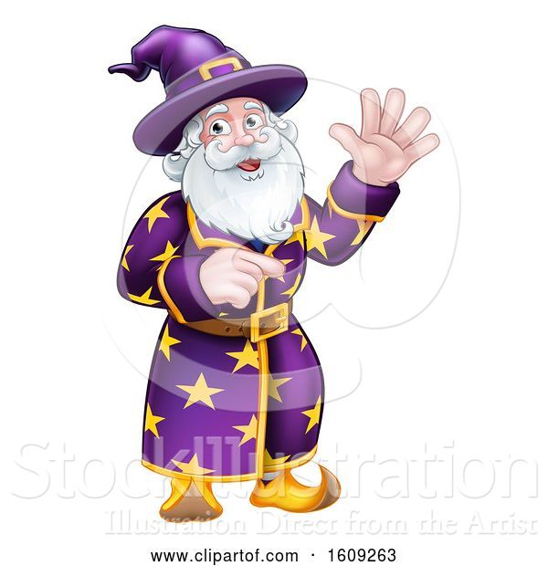 Vector Illustration of Happy Cartoon Wizard Waving and Pointing