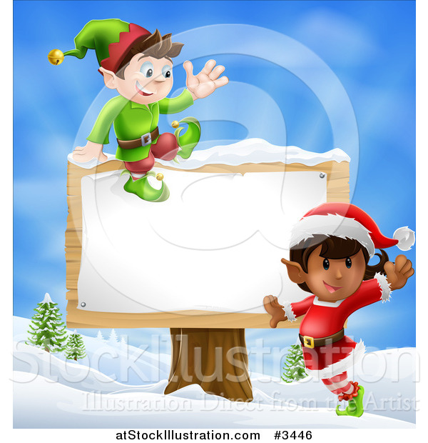 Vector Illustration of Happy Christmas Elves by a Wooden Sign in a Winter Landscape