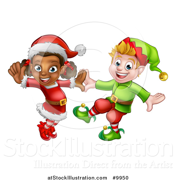 Vector Illustration of Happy Christmas Elves Dancing